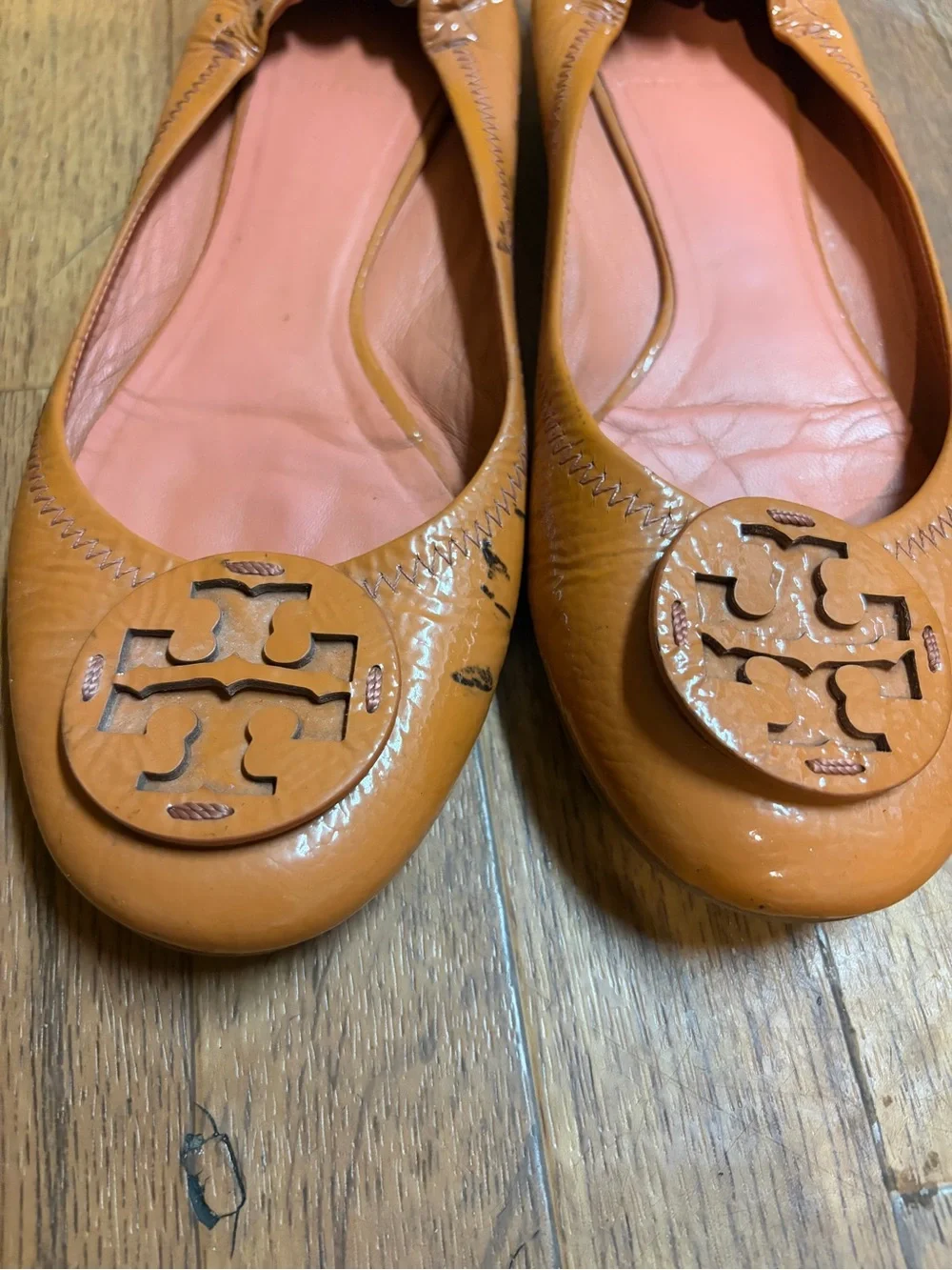 Tory Burch Caramel Leather Logo Ballet Flats